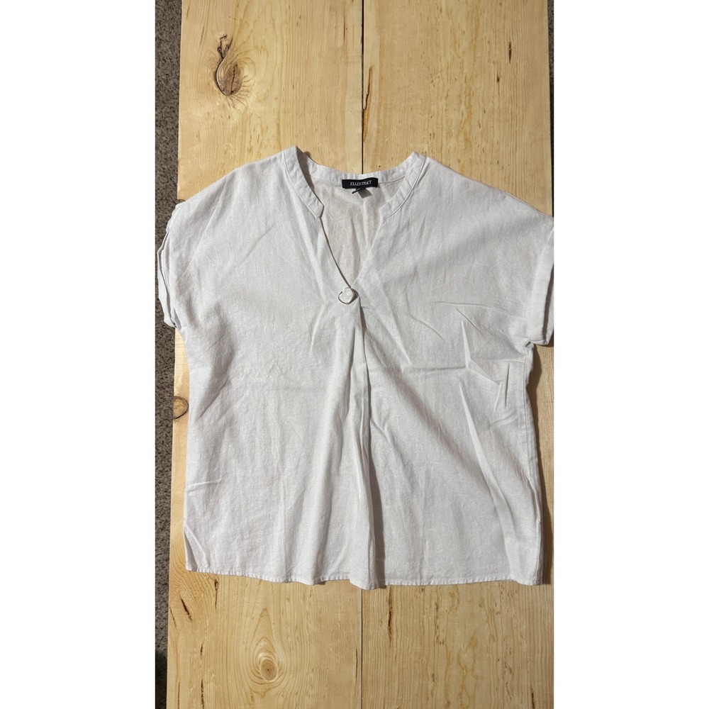 Ellen Tracy White Linen Blend V-Neck Blouse Short Sleeve‎ Top Women's M